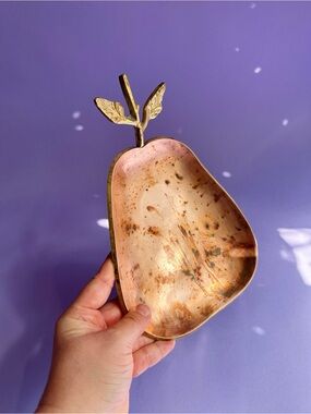 Vintage Brass Pear Trinket Dish with Leaf Handle - Gold and Copper Tones